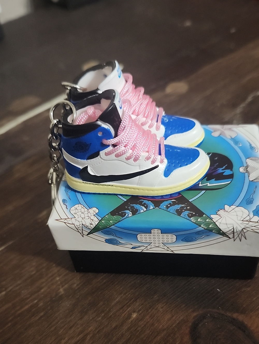 Travis Scott Nike Mini High-Top Sneaker Keychain — White, Blue & Pink